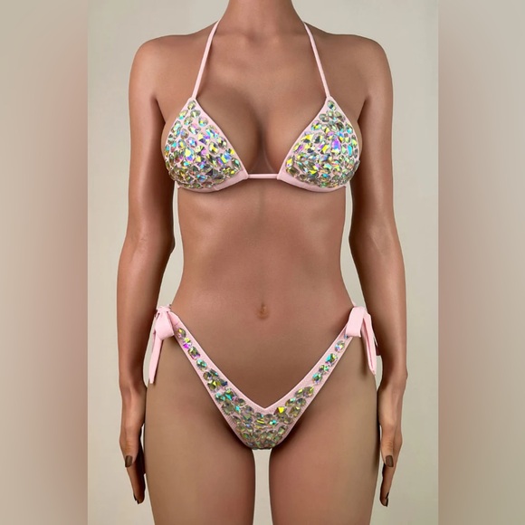 foxbikinis Other - Fox Bikini IRIDESCENT CRYSTAL BRAZILIAN CHEEKY TRIANGLE BIKINI SET PINK L